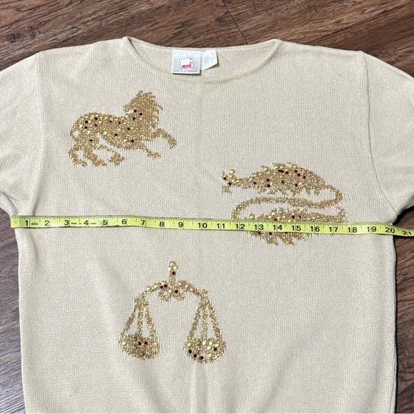 Vintage Mondi Beige and Gold Knit Top With Zodiac Signs with Rivets Size Large - Picture 4 of 12